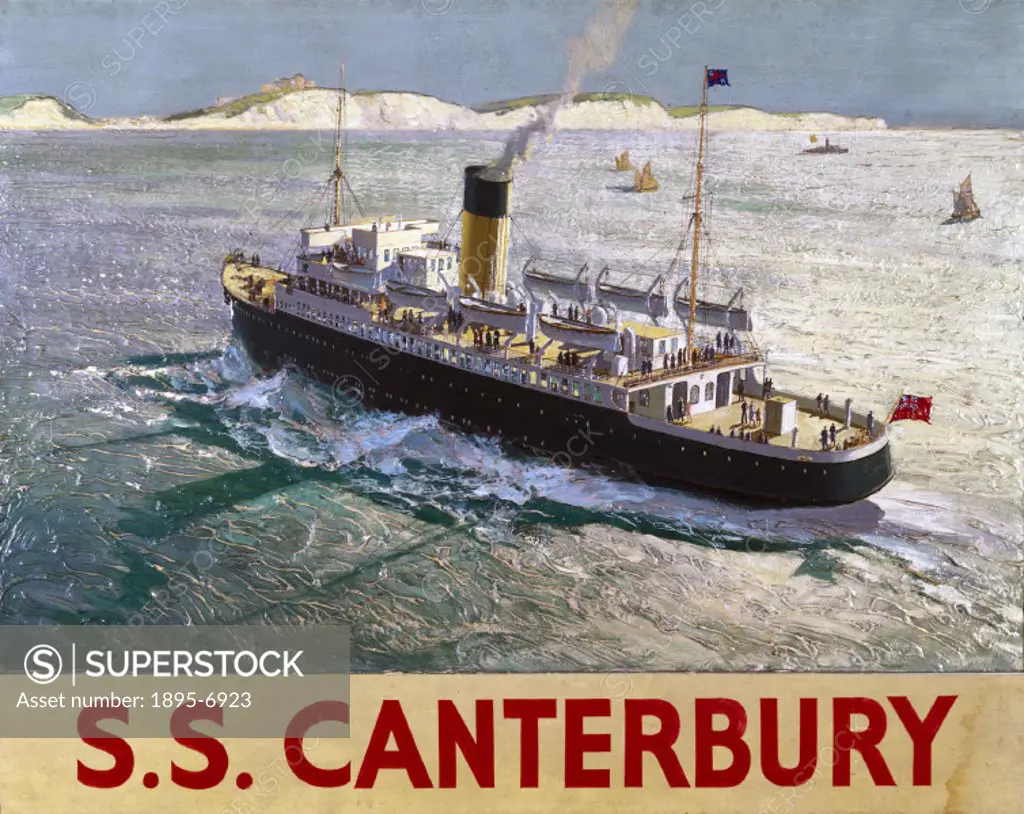 Gessowork painting showing the SS Canterbury’, a Southern Railway (SR) ferry approaching the White Cliffs of Dover. Many British railway companies ra...