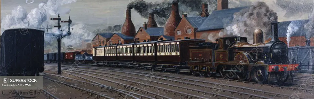 Travel in 1885’. Oil painting by Cuthbert Hamilton Ellis, made in 1951, for a British Railways, London Midlands Region (BR/LMR) carriage print. The t...
