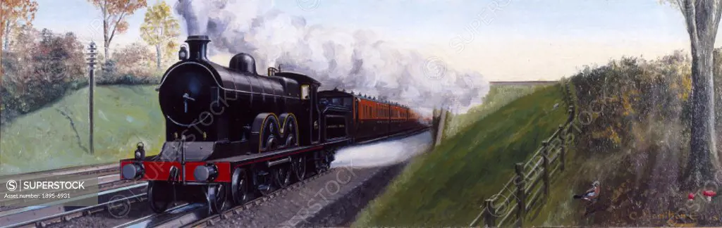 ´Travel in 1900´. Oil painting by Cuthbert Hamilton Ellis, made in 1951, for a British Railways, London Midlands Region (BR/LMR) carriage print. The L...