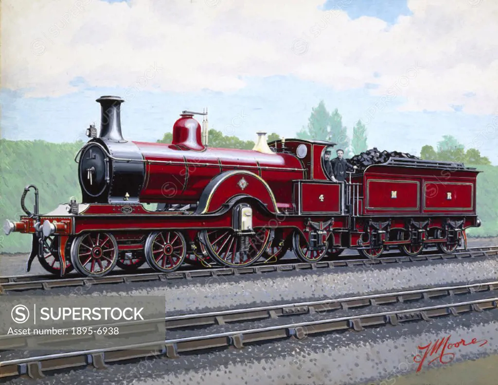 Painted photograph by F Moore, showing a 4-2-2 steam locomotive of the Midland Railway (MR). F Moore was the collective name of a studio of artists op...