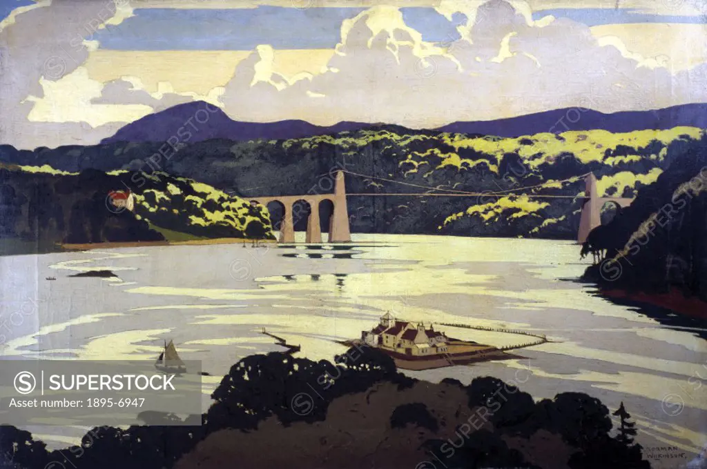 Original oil painting by Norman Wilkinson for use on a London Midland and Scottish Railway (LMS) poster. The road suspension bridge over the Menai Str...