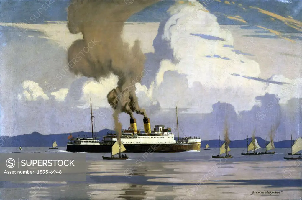Original oil painting by Norman Wilkinson for a London Midland & Scottish Railway poster. Many British railway companies operated ferry services. Wilk...