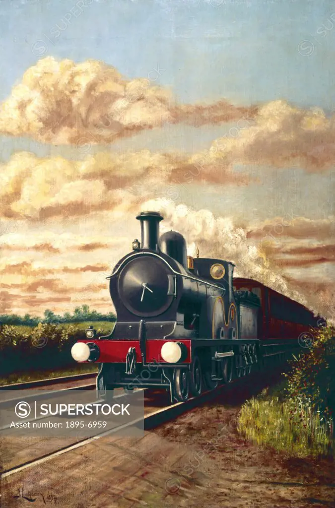 Oil painting by J Longden showing a Lancashire and Yorkshire Railway (L&YR) 4-4-0 locomotive hauling a train