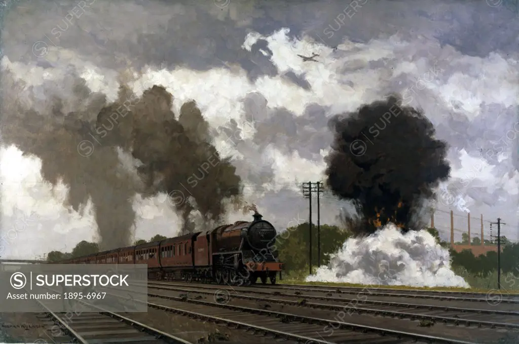 Oil painting by Norman Wilkinson from ´The LMS at War´ series. The London Midland Scottish (LMS) express train was bombed and machine-gunned near Blet...