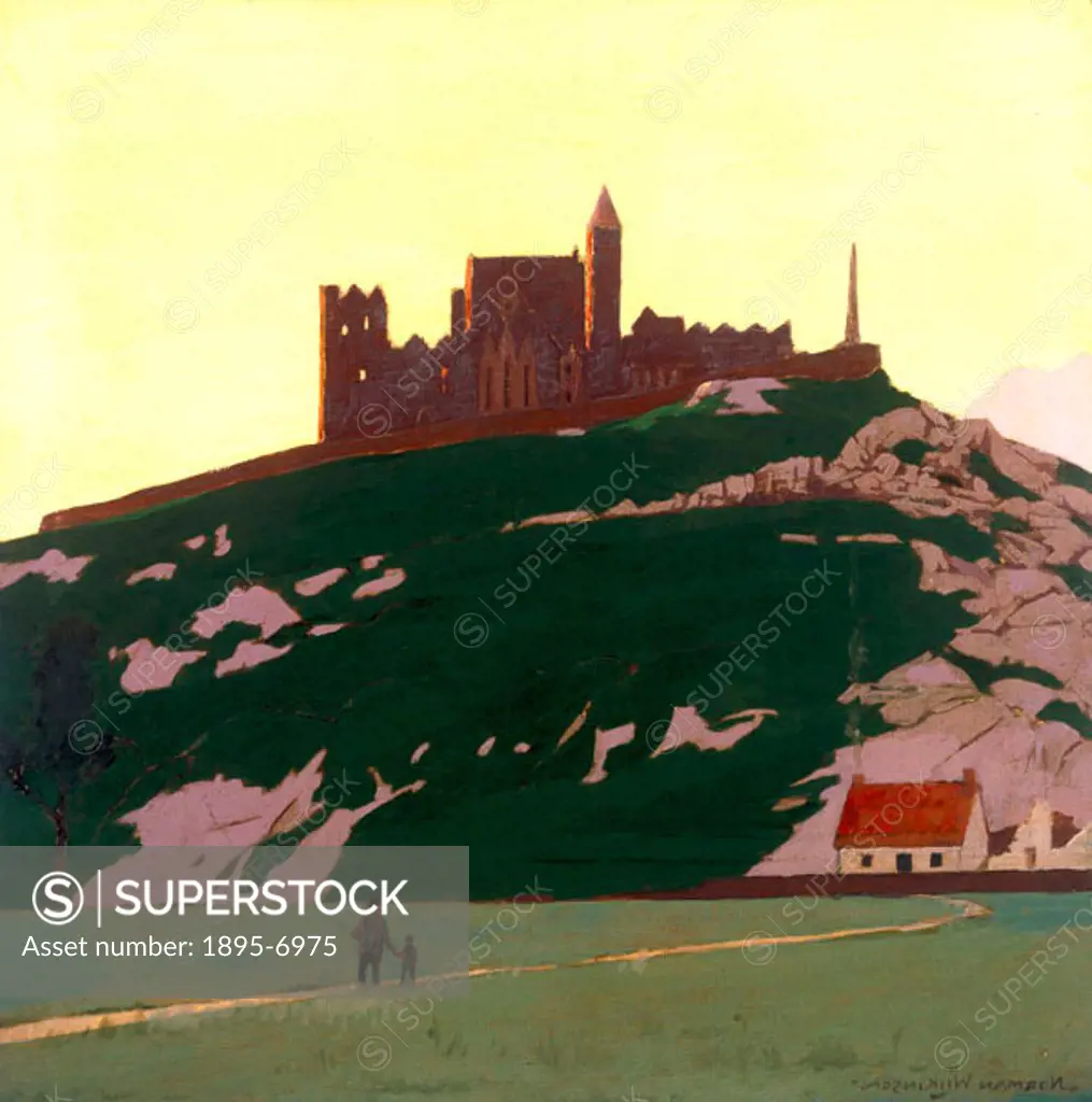 Original oil painting by Norman Wilkinson for a LMS (London Midland & Scottish Railway) poster. The 4th-century fortification of Cashel was the seat o...