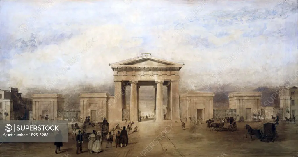 Watercolour showing Euston Arch and flanking buildings with figures and horse-drawn carriages in the foreground. Railway architecture symbolised the p...