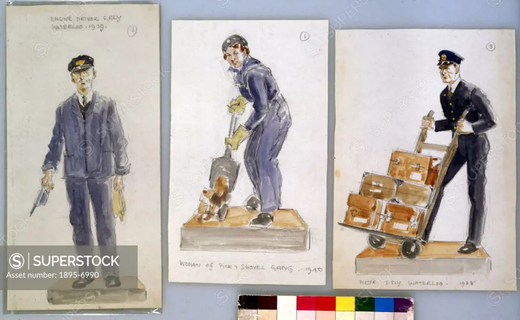 Three sketches of railway workers, c 1940. The Waterloo workers depicted here are a Southern Railway Engine Driver, Woman of Pick and Shovel and Porte...