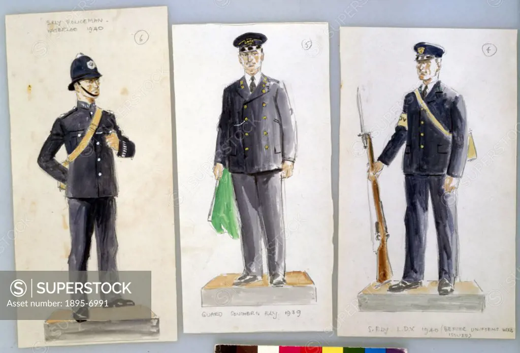Three sketches of railway workers, c 1940. The Waterloo workers depicted here are a Southern Railway policeman, a railway guard and a Local Defence Vo...
