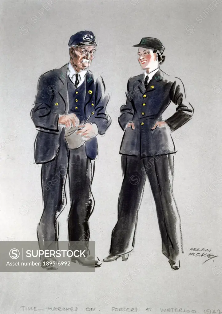 Time Marches On´, Porters at Waterloo, 1942. Artwork by Helen McKie.
