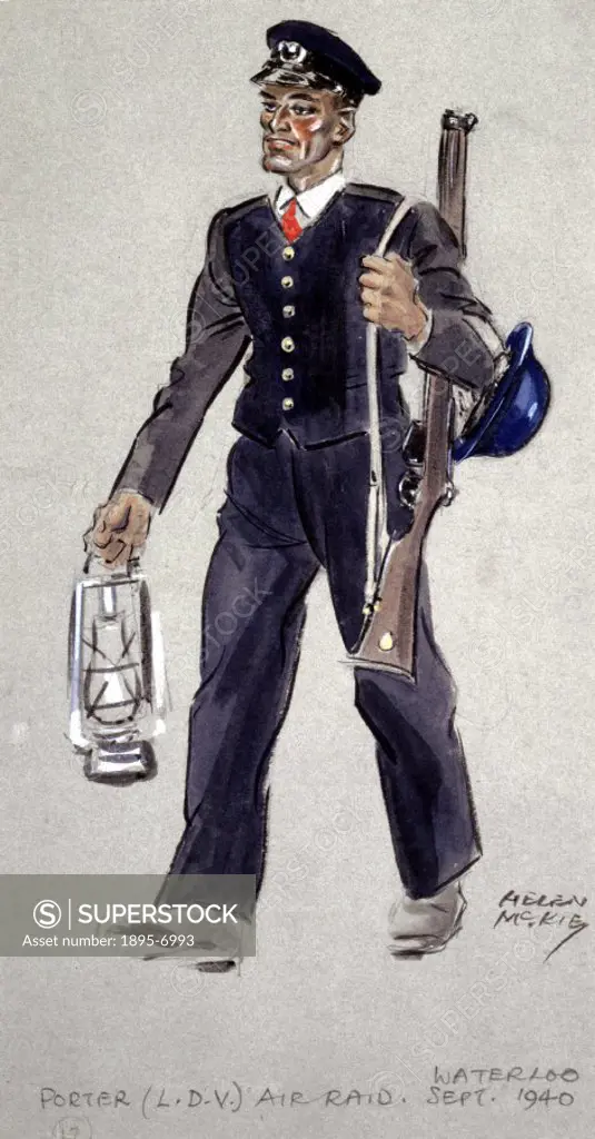 Air Raid Porter, Local Defence Volunteer, Waterloo, September 1940. Watercolour figure sketch by Helen McKie.