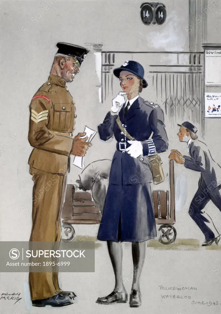 Policewoman, Waterloo Station, June 1942. One of a series of watercolours of London´s Waterloo Station, during WWII, by Helen McKie (d 1957), showing ...