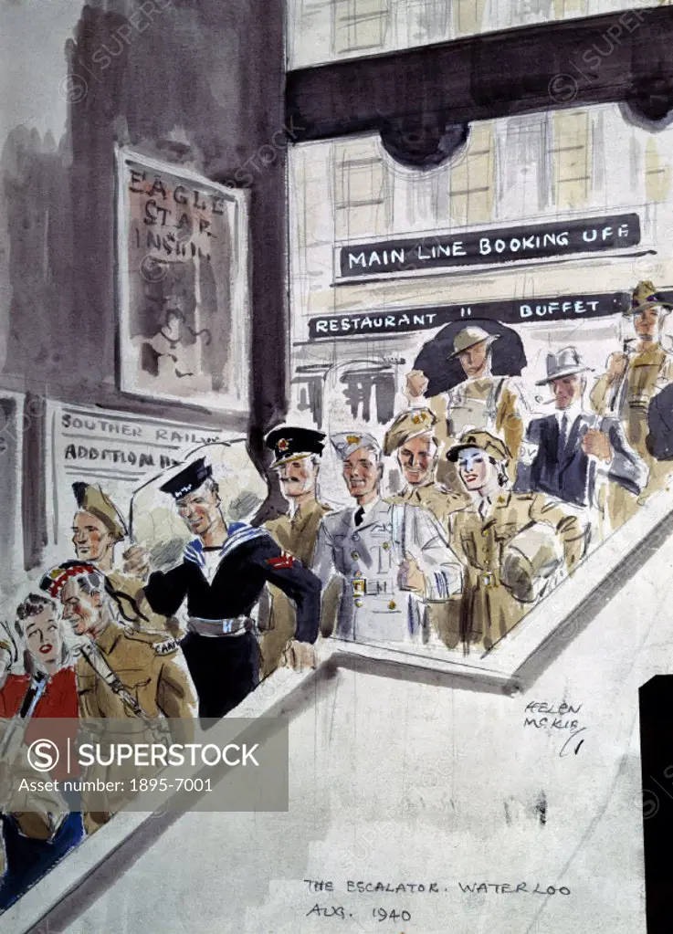 One of a series of watercolour studies of London´s Waterloo Station, during WWII, by Helen McKie (d 1957), showing servicemen and women in a variety o...