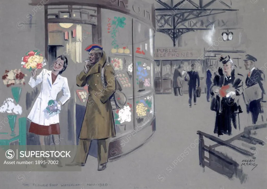 The Flower Shop at Waterloo Station, November 1940. Watercolour by Helen McKie.