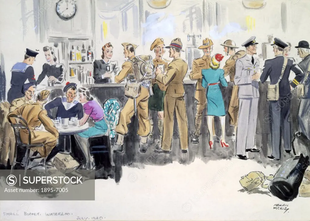 One of a series of watercolours of London´s Waterloo Station during WWII, by Helen McKie (d 1957), showing servicemen from Australia, France and Brita...