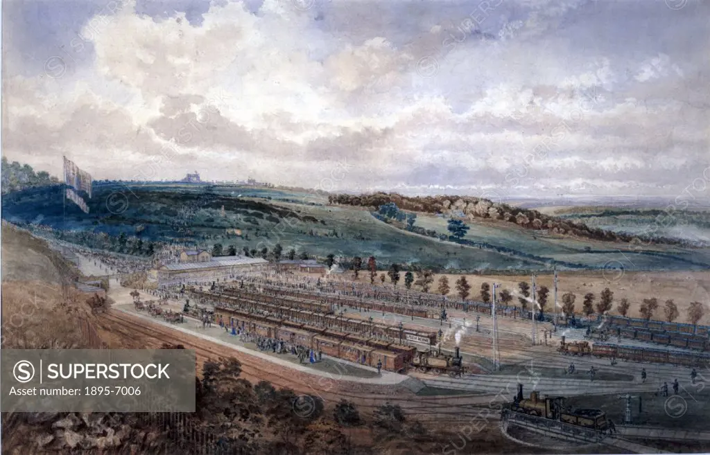 Watercolour by P R Perry showing steam trains arriving at Epsom Downs Station, Surrey, on Derby Day. Racegoers are seen making their way from the stat...