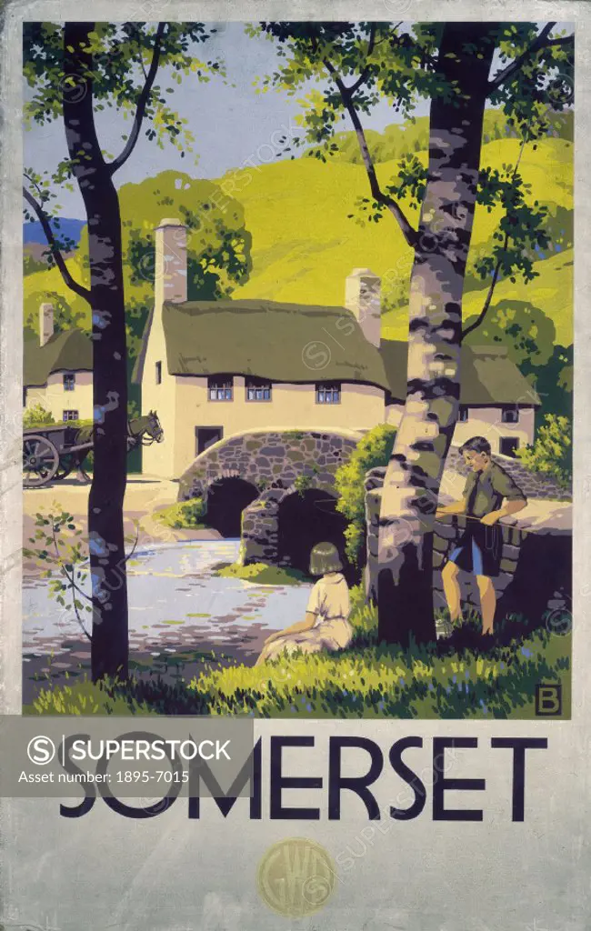 Poster produced for the Great Western Railway (GWR) to promote rail travel to Somerset. The poster shows a view of the countryside in Somerset, with a...