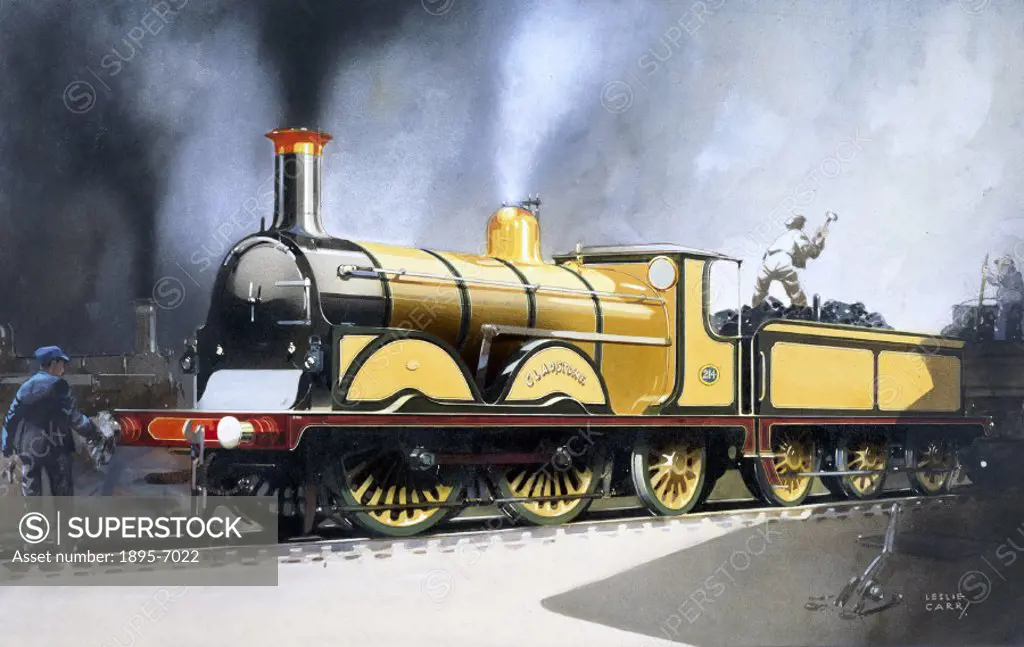Watercolour by Leslie Carr, showing the London, Brighton & South Coast Railway (LB&SCR) 0-4-2 steam locomotive no 214 ´Gladstone´, which was the proto...