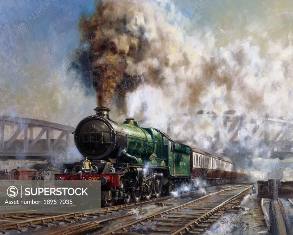 Oil painting by Alan Fearnley, executed 1977, showing a steam express hauled by the King class 4-6-0 locomotive, King George V in the 1950s. The King ...