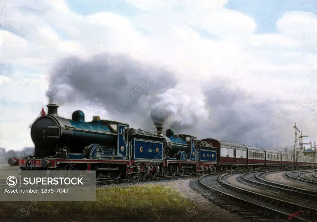 Painted photograph by F Moore.The Caledonian Railway train is being hauled by two 4-4-0 locomotives