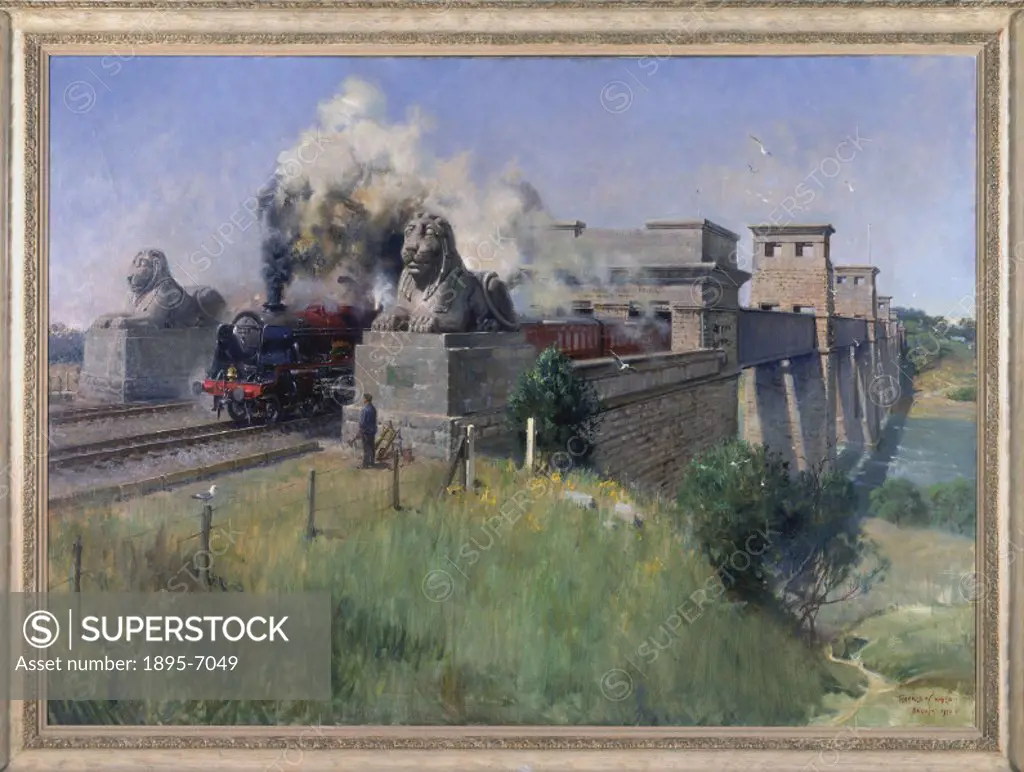 Oil painting from 1970 by Terence Cuneo (1907-1996), showing a steam locomotive crossing the bridge. The Britannia Tubular Bridge was designed by Robe...