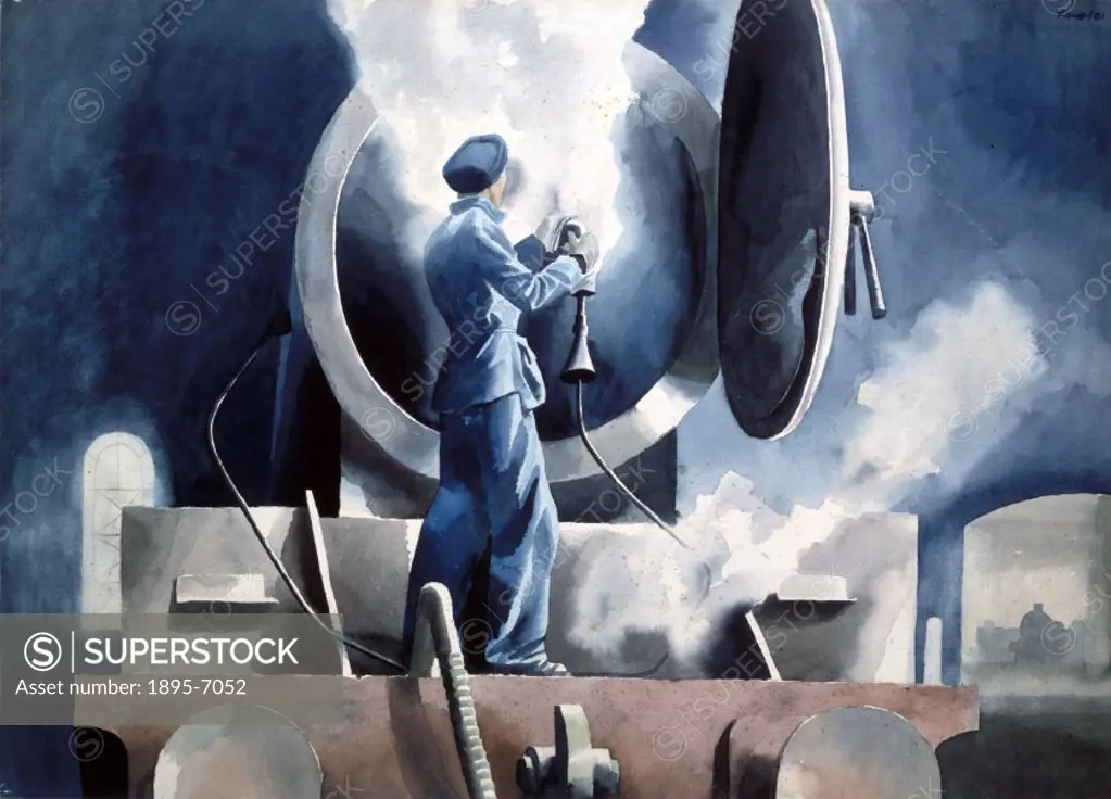 Watercolour with bodycolour on board by Cliff Rowe. A female war worker in protective clothing is shown cleaning a locomotive smokebox entrance, using...