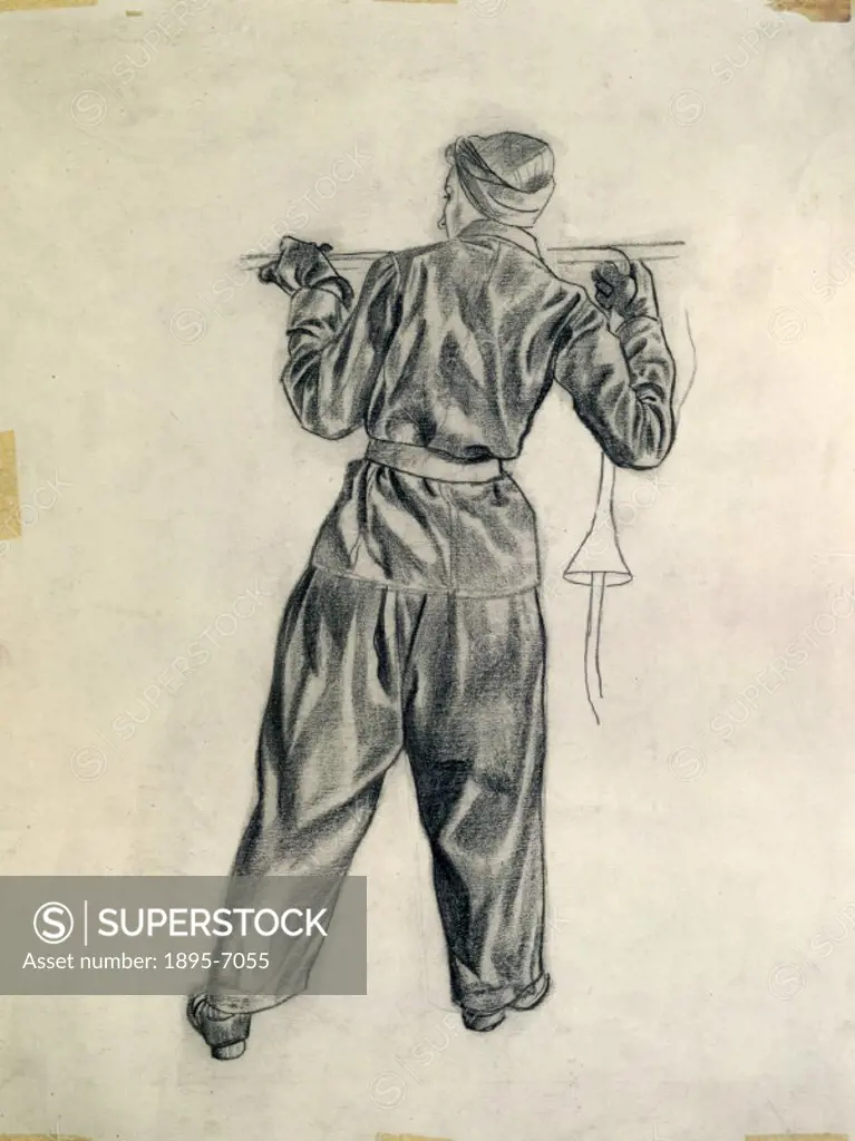 St Pancras Cleaning Yard. Figure study: back view of stance to left. Picture shows a women worker holding cleaning rods at shoulder- height, dressed i...