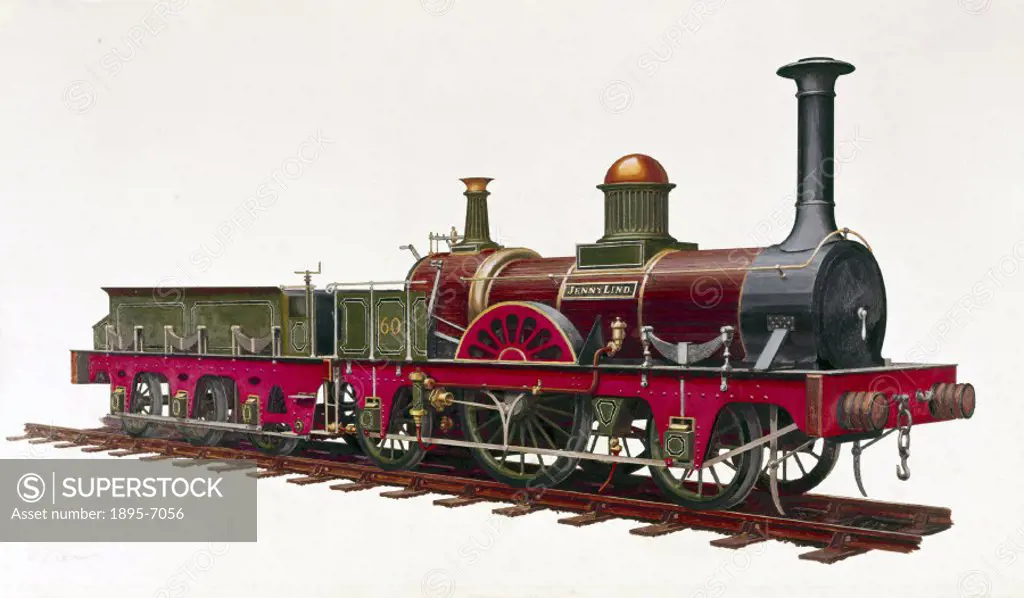 One of a series of 27 paintings of locomotives of the period 1830-1870 by H M Whitcombe for his book ´After Rocket: The Forgotten Years 1830-1870´. It...
