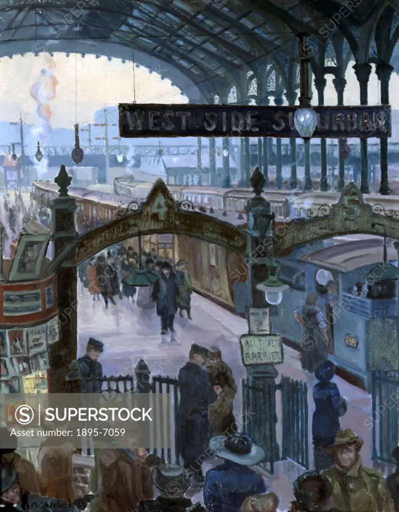 Oil painting by Marjorie Sherlock (1897-1973) of the busy concourse and platforms at Liverpool Street Station, built as the London terminus of the Gre...