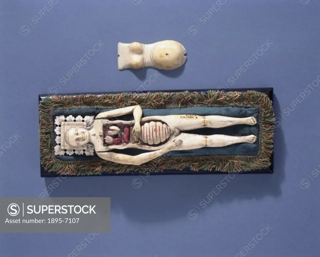 The figure is lying on a cloth-covered bier and its front can be removed to reveal the internal organs, some of which can themselves be removed. This...