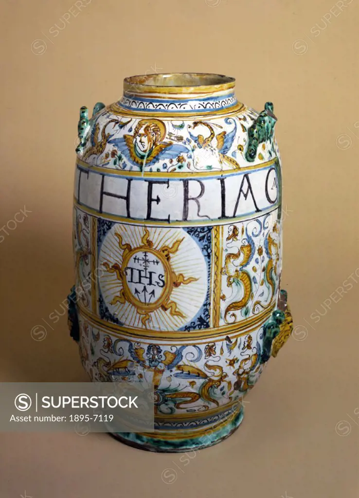 This tin-glazed earthenware drug jar (or albarello) is from Rome or Deruta, and was used by the Jesuits and intended for storing theriac. Theriac was ...