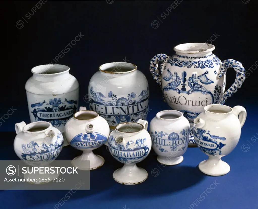 ´The pharmacy jars: English, tin glazed, 1720-1740; large Dutch tin glazed earthenware jar, peacock motif, used for Theriaca Andromachi (Venetian trea...