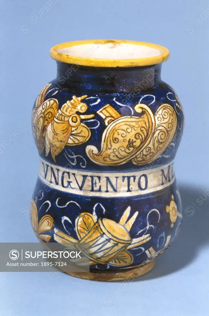 This jar is from Deruta, a town near Perugia in central Italy, famous for manufacturing ceramics. It contained mercury ungent, or ointment. Mercurial ...