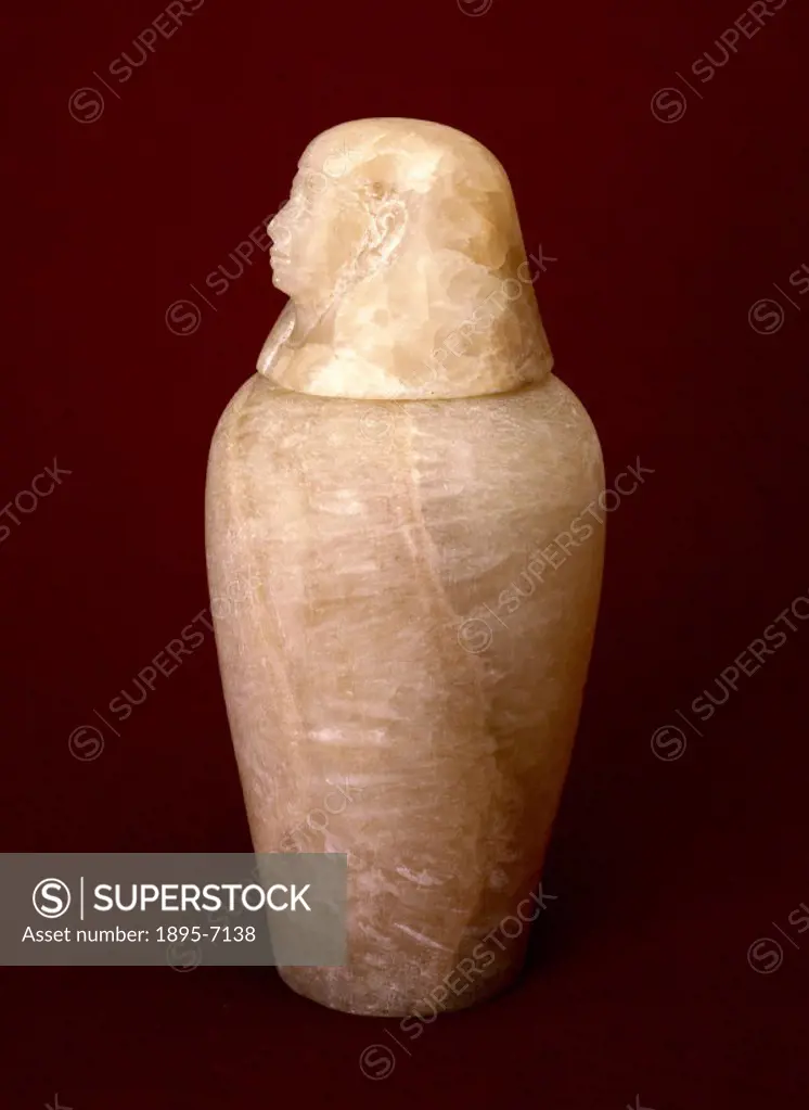 An alabaster Canopic jar with a portrait of Mestha on the lid, found in Sakarrah, Egypt. Canopic jars were burial urns which were used to hold the ent...