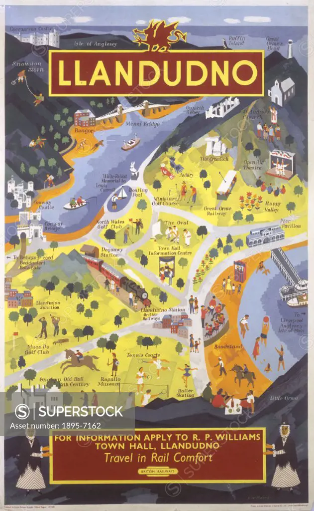 Poster produced for British Railways (BR) to promote holiday rail travel to Llandudno, Conwy, Wales. The poster is illustrated with a pictorial map of...