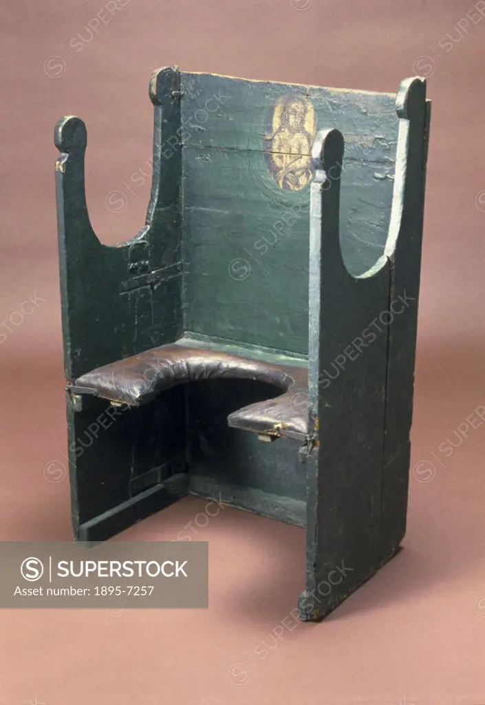 This folding parturition (birthing) chair, made of wood and leather, was reputedly designed in Sicily, Italy. It includes a painted religious icon pos...