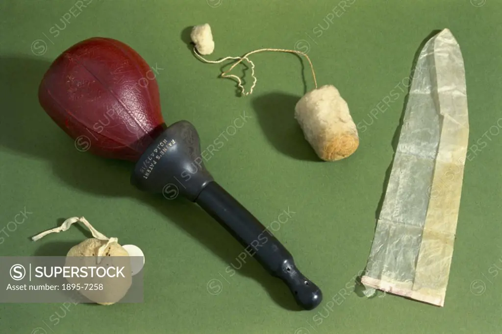´Left to right: contraceptive sponge; vaginal douche; medicated tampon; animal gut condom. Vaginal douches were a contraceptive measure involving the ...