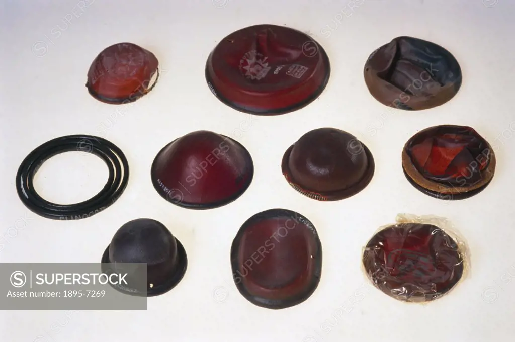 A set of ten ´Clinocap´ brand diaphragms, made of rubber and steel, and modified by Dr Marie Stopes. Stopes (1880-1958), a pioneer advocate of birth c...