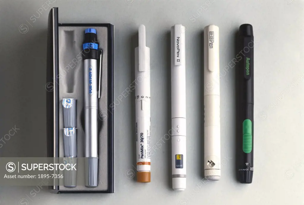 ´From left to right: Pur-in Pen insulin injection device manufactured by CP Pharmaceuticals Ltd, UK, 1992;  Pen Mix 30/70 insulin injection pen, Novo ...