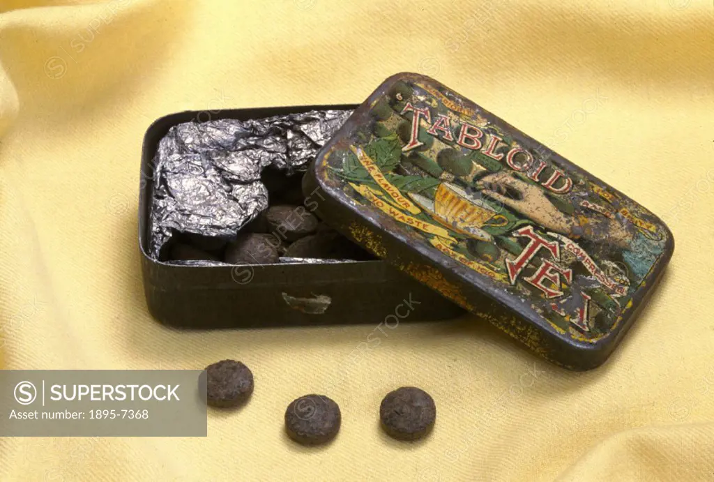 These tins, manufactured by Burroughs Wellcome and containing 200 pellets of compressed tea, were supplied to the British Army in World War I. They we...