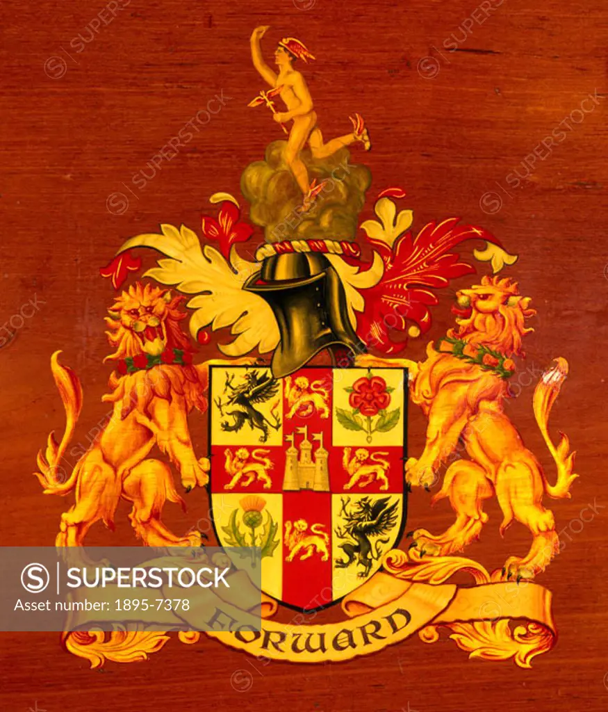 Coat of arms of the London and North Eastern Railway. Transfer on wooden panel, 640 x 620 mm.