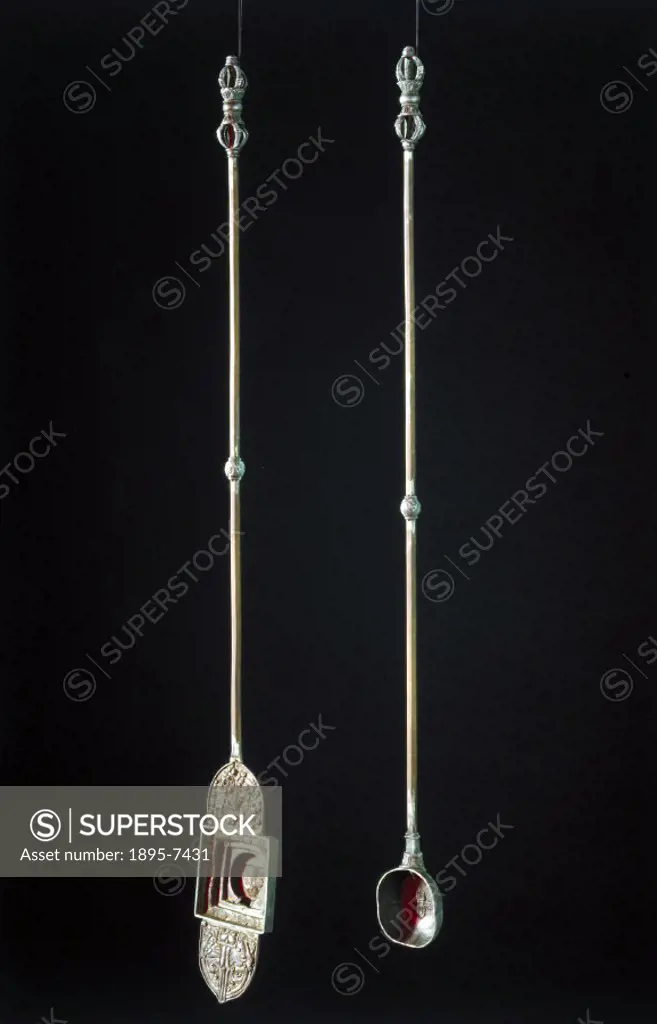 These ladles, (Gangzar-Luogzar), were used in funeral ceremonies. When a Tibetan dies, a lama recites prayers from the Tibetan Book of the Dead for ...