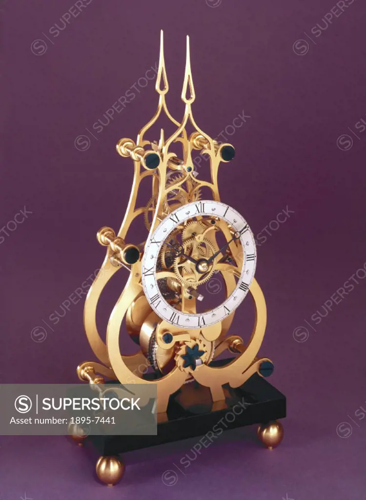 Brass spring-driven pendulum skeleton clock made by the horologist John Elcomb.