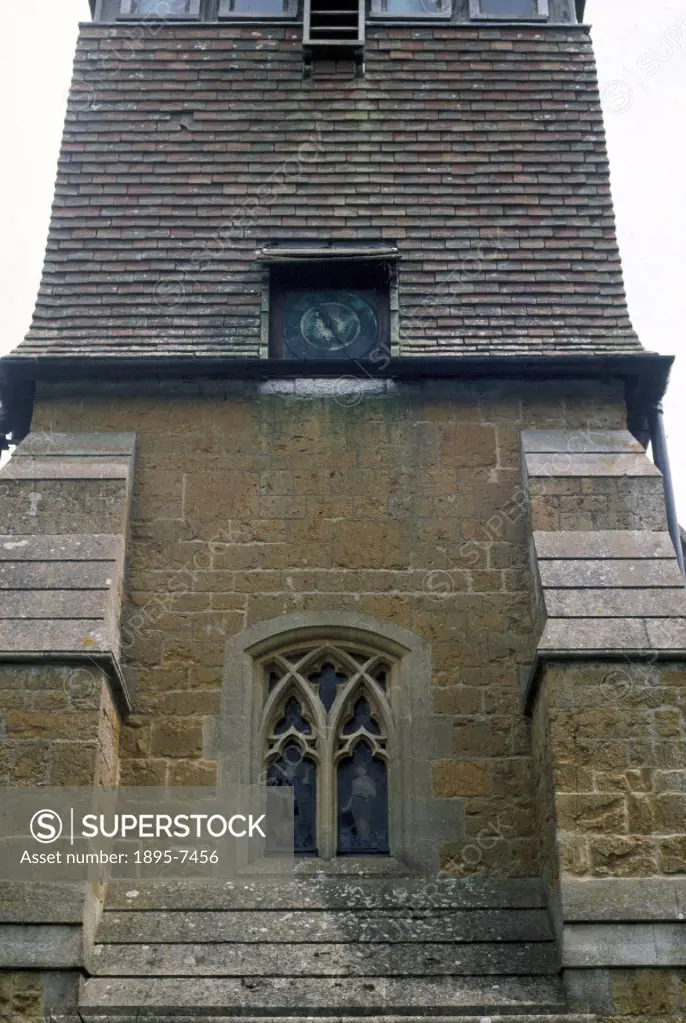 View of the clock tower of St Peter´s Church, Hornblotton, Somerset, where the electric clock designed by Charles Shepherd (1830-1905) was installed i...