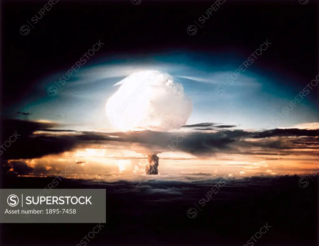 The mushroom cloud produced by the first explosion by the Americans of a hydrogen bomb at Eniwetok Atoll in the South Pacific. Known as Operation Ivy,...