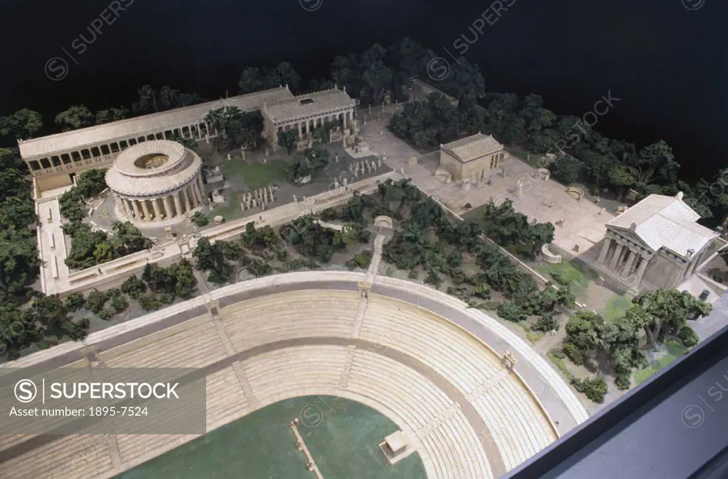 Detail. This model of the Asklepeion at Epidauras, Greece, was manufactured in London at 1/66th scale and shows the temple and stadium. The main templ...