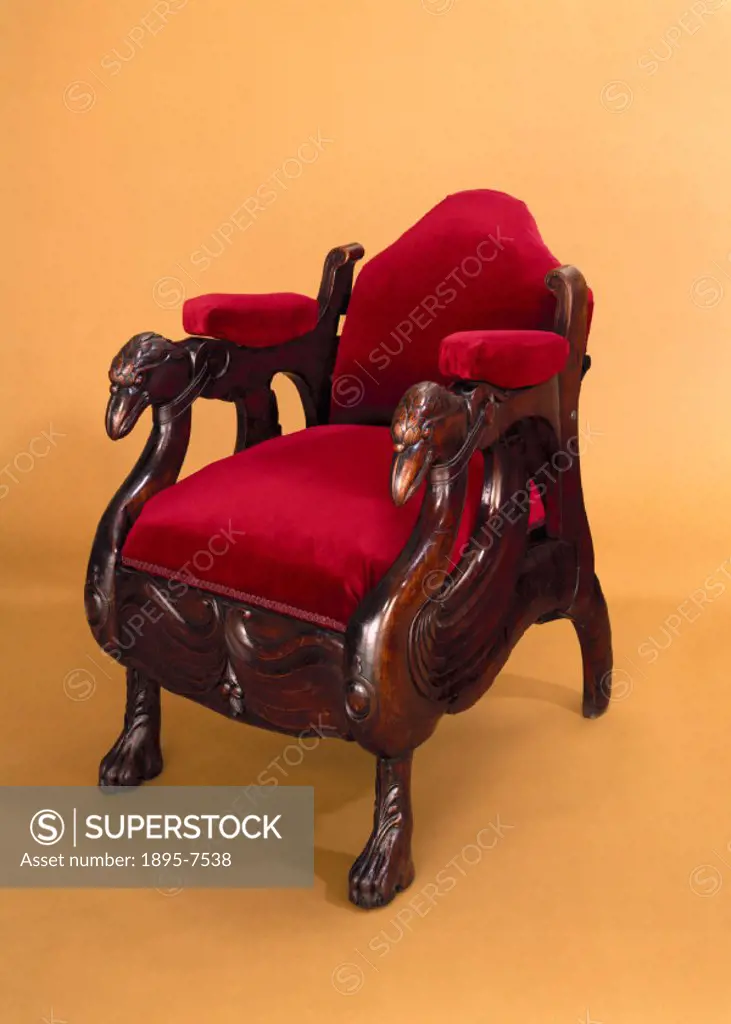 ´Dental chair made of iron and mahogany, with crimson velvet upholstery. Dimensions: length 960mm; width 632mm; height 958mm.´