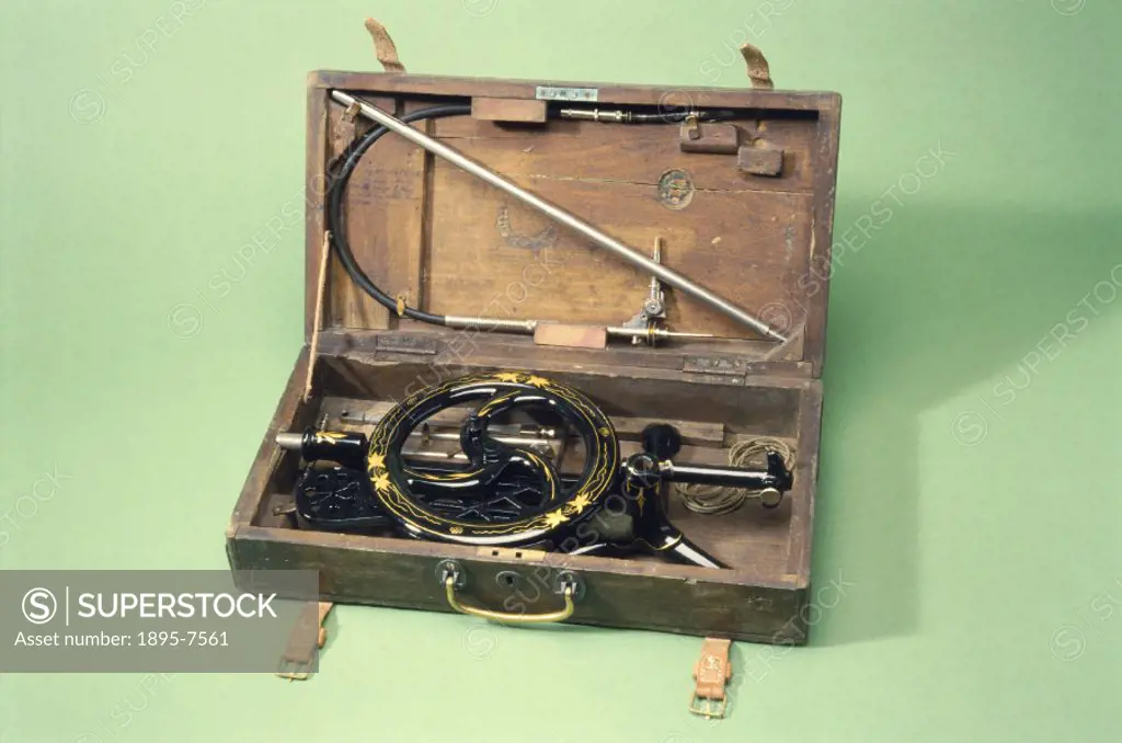 A portable dental treadle engine in its case, made in England by Claudius Ash & Sons. This machine enabled dentists to use drilling and boring instrum...