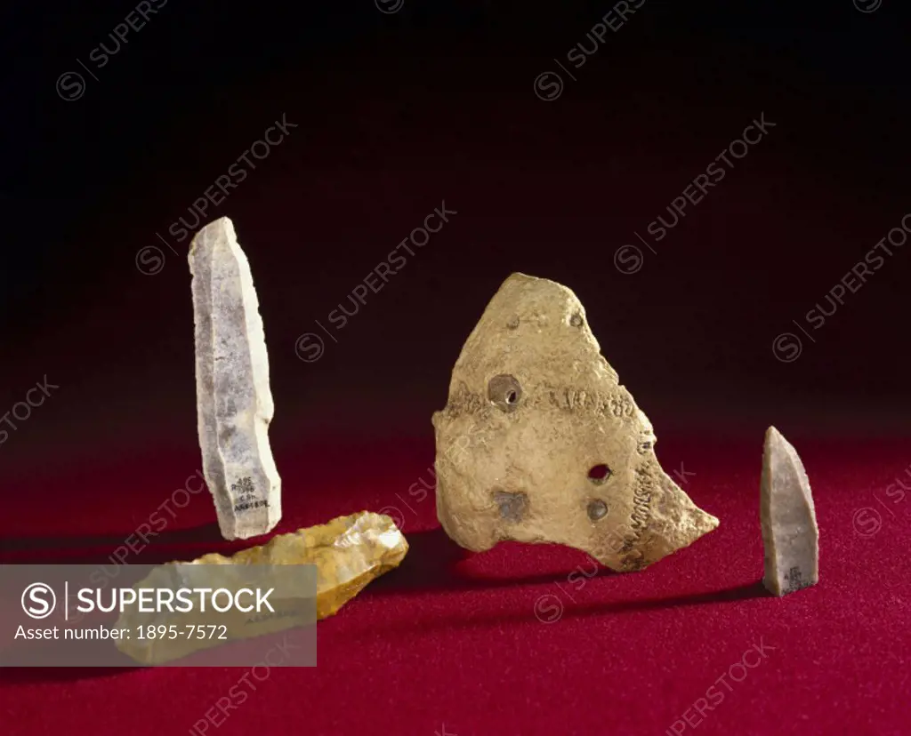 Plaster casts of  the originals. One flint knife is Aurignacian, 10 BC-5000 BC. Another flint knife is Aurignacian, 5 BC -2000 BC. The third is paleol...