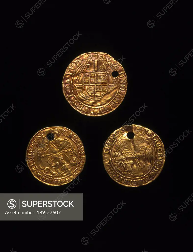Three gold touchpieces issued by James I (1603-1625), used in the ceremony of healing by touch, thought to cure a widespread disfiguring form of tuber...
