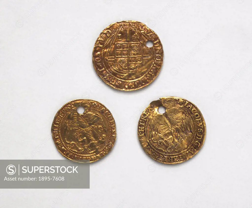 Three gold touchpieces issued by James I (1603-1625), used in the ceremony of healing by touch, thought to cure a widespread disfiguring form of tuber...